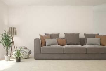 White living room with sofa. Scandinavian interior design. 3D illustration