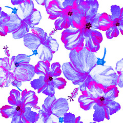 Fototapeta na wymiar Pink Hibiscus Foliage. Indigo Flower Foliage. Blue Seamless Illustration. Vintage Leaf. Pattern Illustration. Watercolor Backdrop. Tropical Palm. Exotic Foliage.