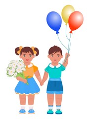 A boy and a girl. Bouquet of flowers, balloons. Vector. Illustration can be applied to theme of holidays, events. Use for web collage design. 
