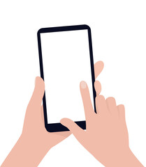Hand holding a smartphone on a white background. Template. Flat vector illustration