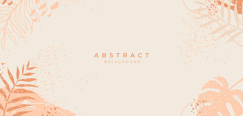 Abstract vector background template.Tropical summer banner.Organic simple shapes, brush and texture.Minimal cover design with botanical palm leaves for wall art,postcard,brochure,fabric,sale on beige