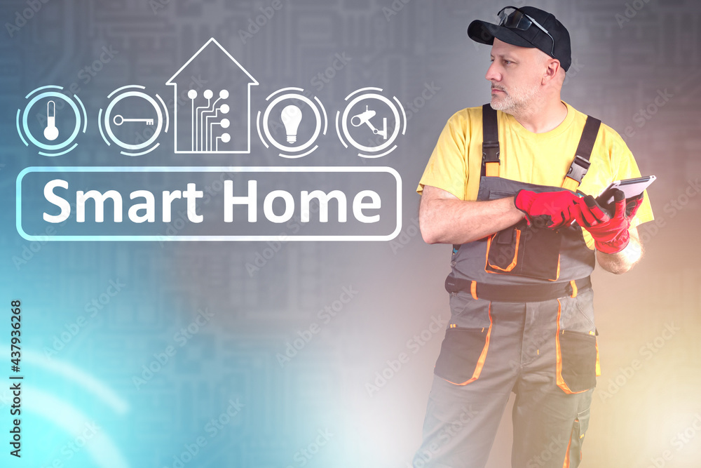 Poster smart home installation company employee. he is implementing a smart home system. a man in a work un