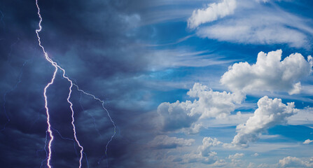 Background from sky with bad and good weather. Lightning next to a clear cloudy sky. Concept is...