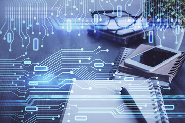 Double exposure of data theme drawing and mobile phone background. Concept of innovation