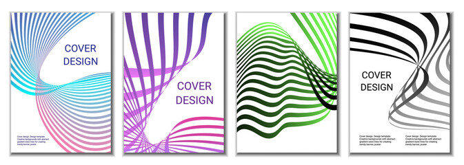 A set of 4 abstract covers. Wavy parallel gradient lines, ribbons evolve. Cover design, background. Trendy banner, poster.