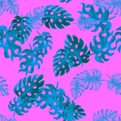 Green Monstera Print. Mint Color Seamless Jungle. Blue Tropical Textile. Pattern Illustration. Watercolor Decor.Floral Illustration.Summer Textile. Isolated Texture.