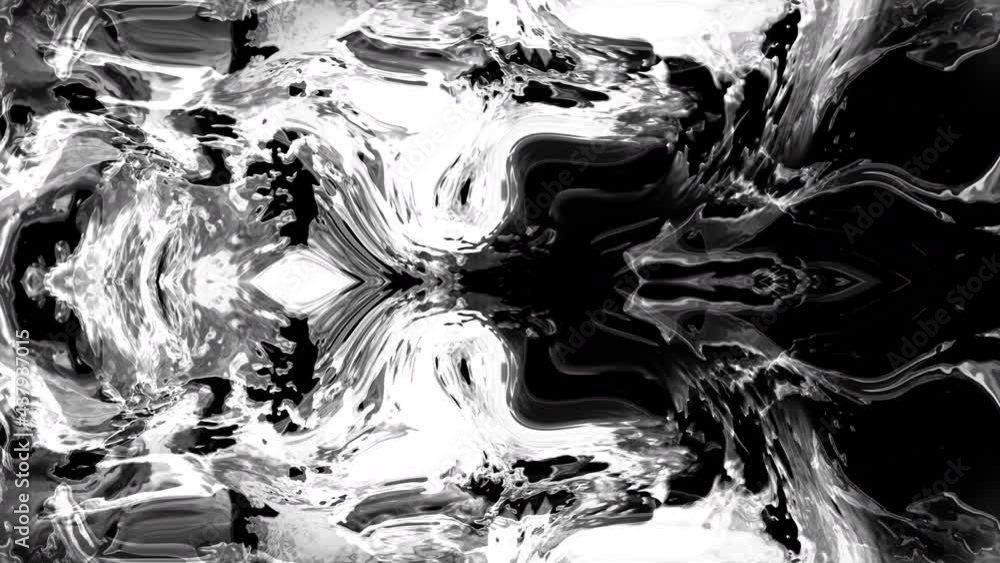 Poster abstract symmetric black to white fluid flow transition background. 4k visual video effects footage 