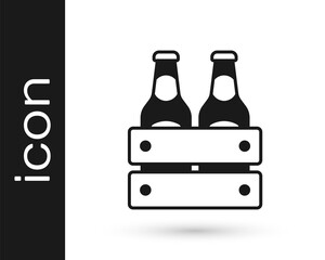 Black Pack of beer bottles icon isolated on white background. Wooden box and beer bottles. Case crate beer box sign. Vector