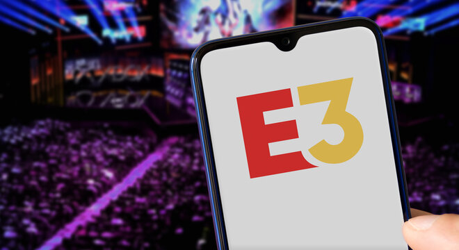 E3 logo on smartphone screen. This year, the most famous game event is 100% online, 7th Jun, 2021, Sao Paulo, Brazil