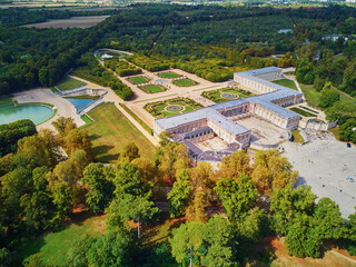 Aerial scenic view of Grand Trianon palace in the Gardens of Versailles, Paris, France