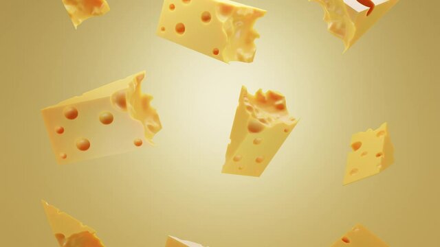 Falling pieces of Swiss, Dutch or Italian hard cheese. Triangular lump block of cheese Cheddar with holes. Advertising and promotion of natural farm dairy product, 3d animation seamless background