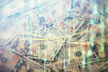 Double exposure of data theme drawing over us dollars bill background. Technology concept.