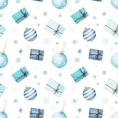 Watercolor christmas seamless pattern with present boxes and christmas balls isolated on white background.