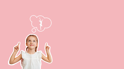 Baby girl dreaming about dancing ballet. Childhood and dream concept. Conceptual image