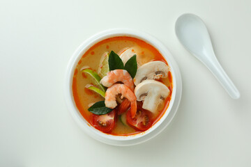 Tasty Tom yum soup on white background