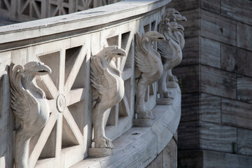 Marble griffins (gryphons) decorate old Greek National Library.