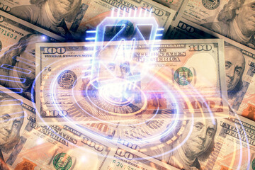 Double exposure of data theme drawing over us dollars bill background. Technology concept.