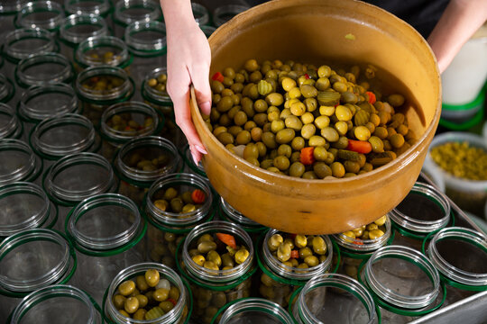 Filling glass jars with olives for pickling. High quality photo