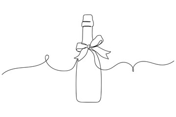 Continuous one line of decorated small bottle of champagne in silhouette. Linear stylized.Minimalist. Merry christmas and happy new year concept