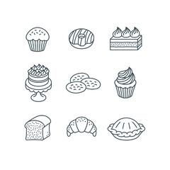 Different pastry items. Sweet dessert food. Simple linear icons of cupcake, donut, cake, cookie, croissant, bread, pie, muffin. Homemade baked goods. Bakery products. Outline pictograms. Sketchy style
