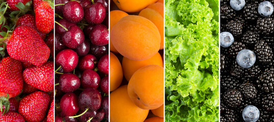 Collage of berry, fruit and green leaves lettuce. Close-up.