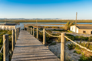 Wooden walkways with view on wetlands of Ria Formosa on Faro Beach Peninsula, Algarve, Portugal