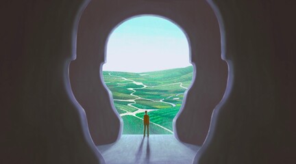 Concept art of nature freedom dream success brain and hope  , ambition idea artwork, surreal painting man with happiness of landscape nature in a door , conceptual illustration
