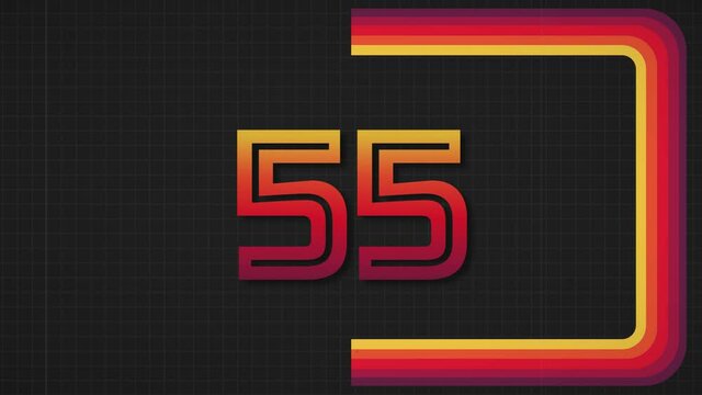 A retro 1970's or 1980's dark graphic background countdown timer graphic animation with yellow, orange and red looping animated border