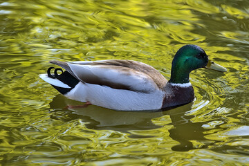 Beautiful closeup view of peaceful resting duck (Mallard) with reflection in pond water in Herbert Park, Dublin, Ireland. Soft and selective focus. Vibrant bright colors