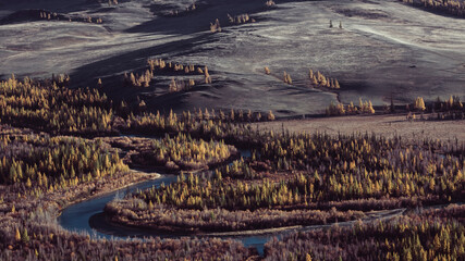 Panorama of Chuya river at Altai mountains, Altai Republic.