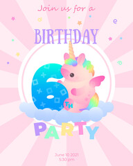 Postcard with cute plump pink unicorn with rainbow hair and blue number 6 sitting on cloud with stars and stripes  around. Holiday, birthday illustration for greeting card, banner, party.