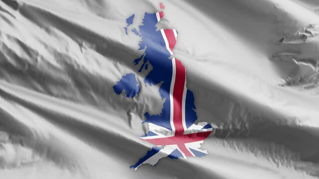 UK Map on flag. Map of United Kingdom. United Kingdom On Flag. Animated 4k Map. European Flag. Slo-mo UK Map and Flag Waving. England. Wales. Scotland. Northern Ireland.