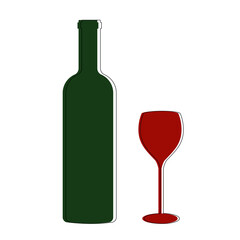 Wine bottle and glass in minimalist style. Restaurant and pub, bar symbol. Flat design line art. Isolated vector illustration.