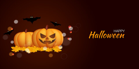 Happy Halloween. Composition with pumpkins, balloons and bats, holiday decorations. Realistic vector illustration.