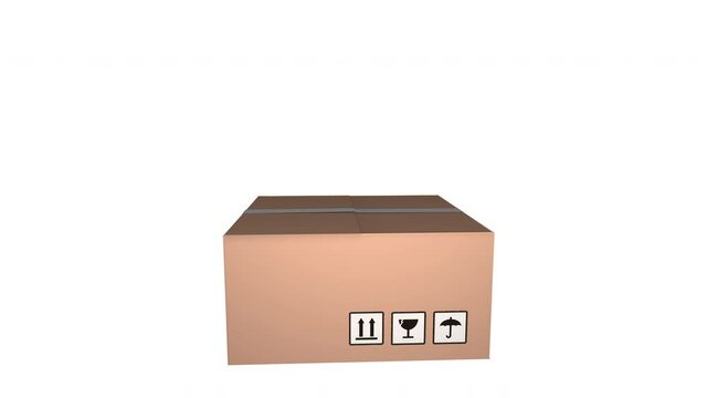 Digital cardboard box opened, online shopping, animation, white clean background