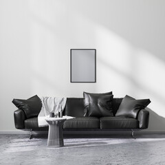 mock up poster frame in modern minimalistic style living room interior with black sofa, 3d rendering
