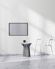 mock up horizontal frame on white wall in modern minimalistic  room interior with white chair and black coffee table, 3d rendering