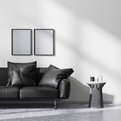 mock up poster frames in modern minimalistic style living room interior, 3d rendering