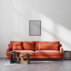 mock up poster frame in modern living room interior with red sofa and wooden coffee tables, white wall and raw concrete floor, scandinavian minimalistic style, 3d rendering