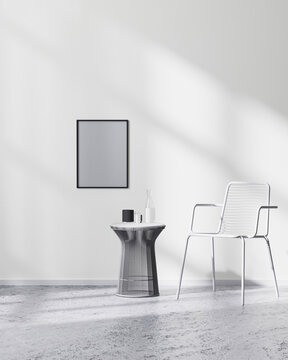 mock up poster frame on white wall in modern minimalistic  room interior with white chair and black coffee table, 3d rendering