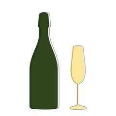 Champagne bottle and glass in minimalist style. Restaurant and pub, bar symbol. Flat design line art. Isolated vector illustration