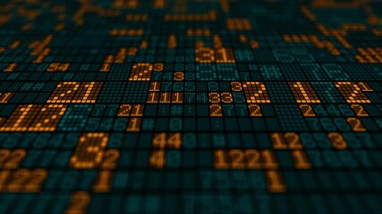 Digital numeric wall of data scrolling with depth of field - Powered by Adobe