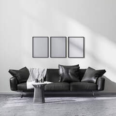 mock up poster frames in modern minimalistic style living room interior with black sofa, 3d rendering