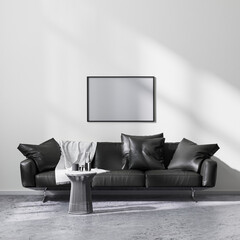 mock up horizontal picture frame in modern minimalistic style living room interior with black sofa, 3d rendering