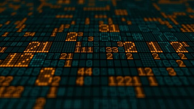 Digital numeric wall of data scrolling with depth of field