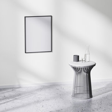 mock up poster frame on white wall in modern minimalistic  room interior with concrete floor and table with water and scented candle, 3d rendering