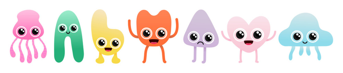 Funny Colored Characters. Colorful big Vector set. Trendy illustration for kids.	