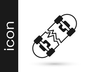 Black Broken skateboard icon isolated on white background. Extreme sport. Sport equipment. Vector