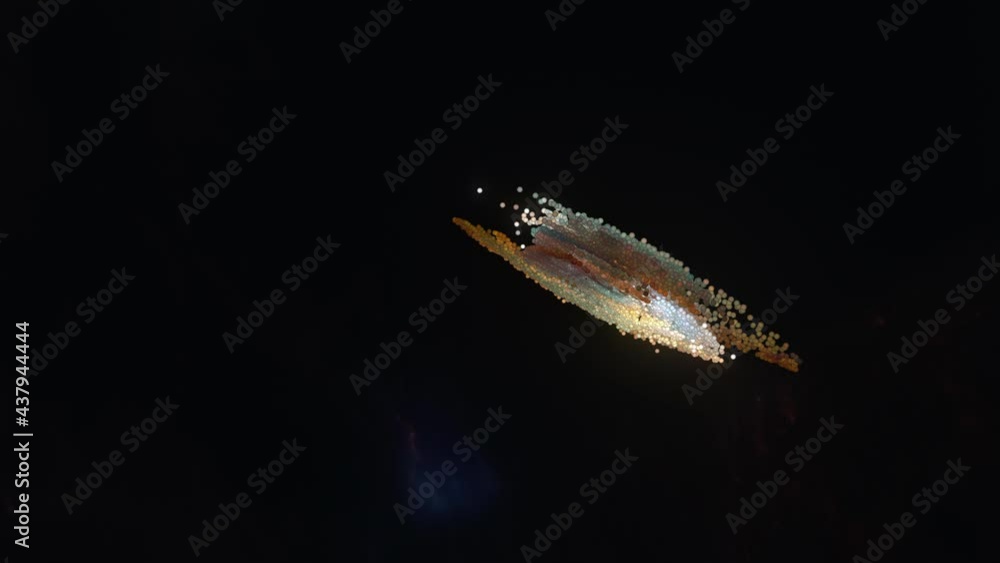 Poster abstract many glow dust particles moving and transform into spiral galaxy turning over dark sky back