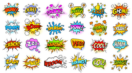 Exclamation texting comic signs on speech bubbles. Cartoon crash, pow, bomb, wham, oops and cool comic sign vector set © FourLeafLover
